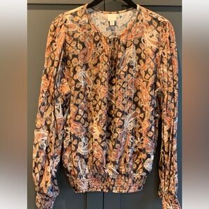 Roan and Ryan paisley print blouse with silver metallic threading.  Size M
